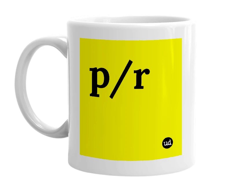 White mug with 'p/r' in bold black letters