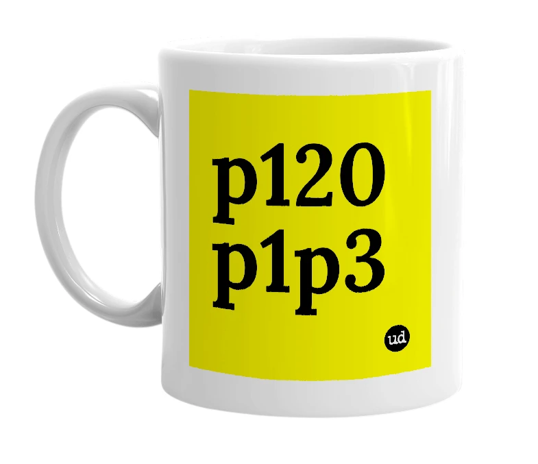 White mug with 'p120 p1p3' in bold black letters