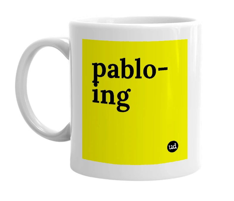 White mug with 'pablo-ing' in bold black letters