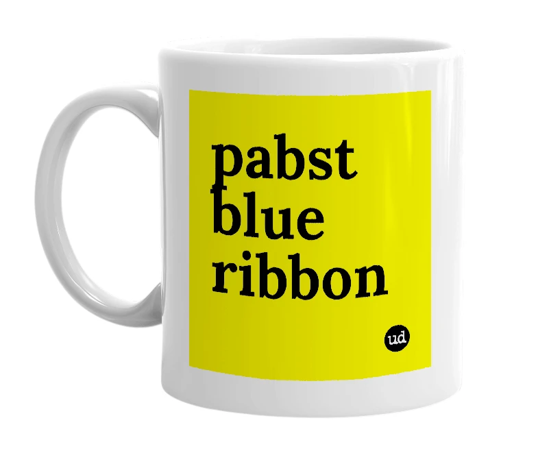 White mug with 'pabst blue ribbon' in bold black letters