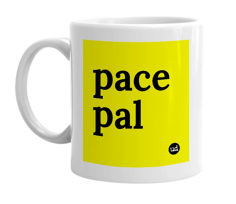 White mug with 'pace pal' in bold black letters