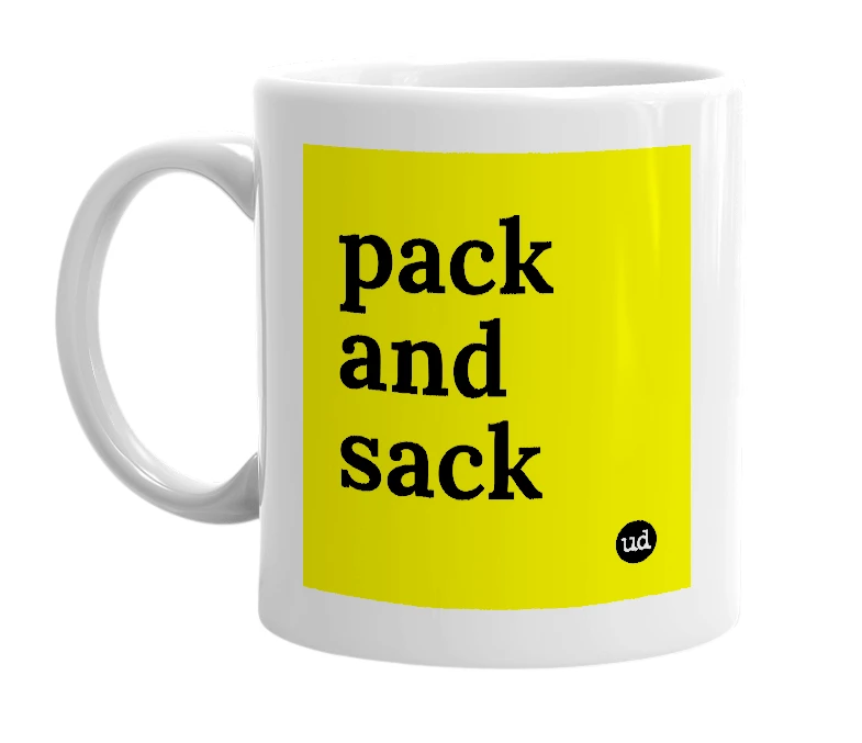 White mug with 'pack and sack' in bold black letters