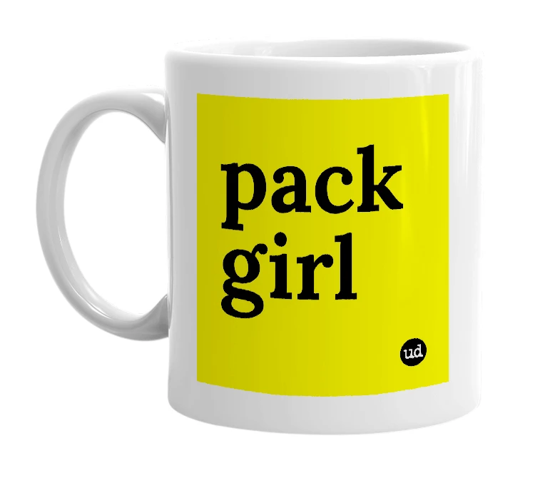 White mug with 'pack girl' in bold black letters