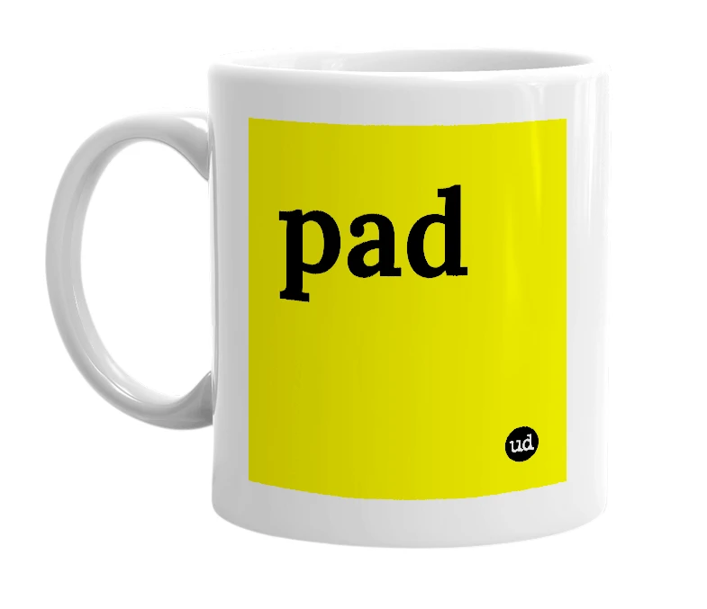 White mug with 'pad' in bold black letters