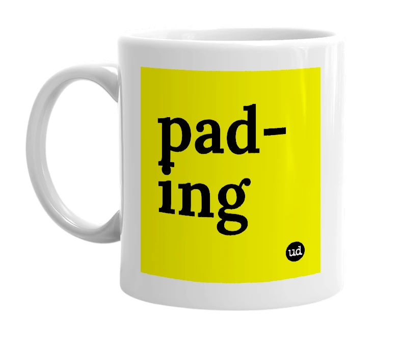 White mug with 'pad-ing' in bold black letters