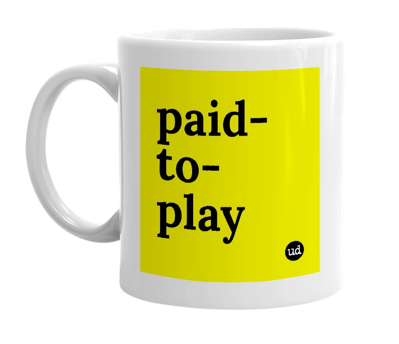 White mug with 'paid-to-play' in bold black letters
