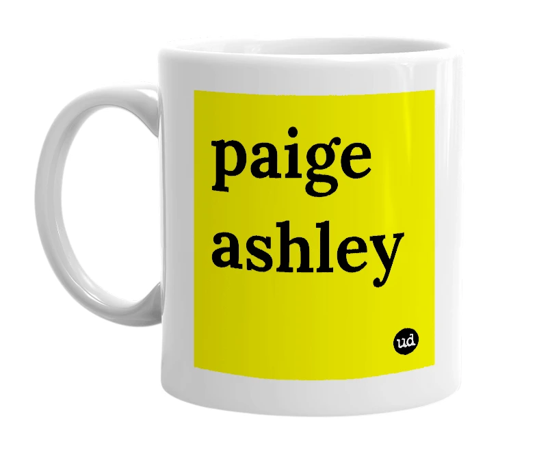 White mug with 'paige ashley' in bold black letters