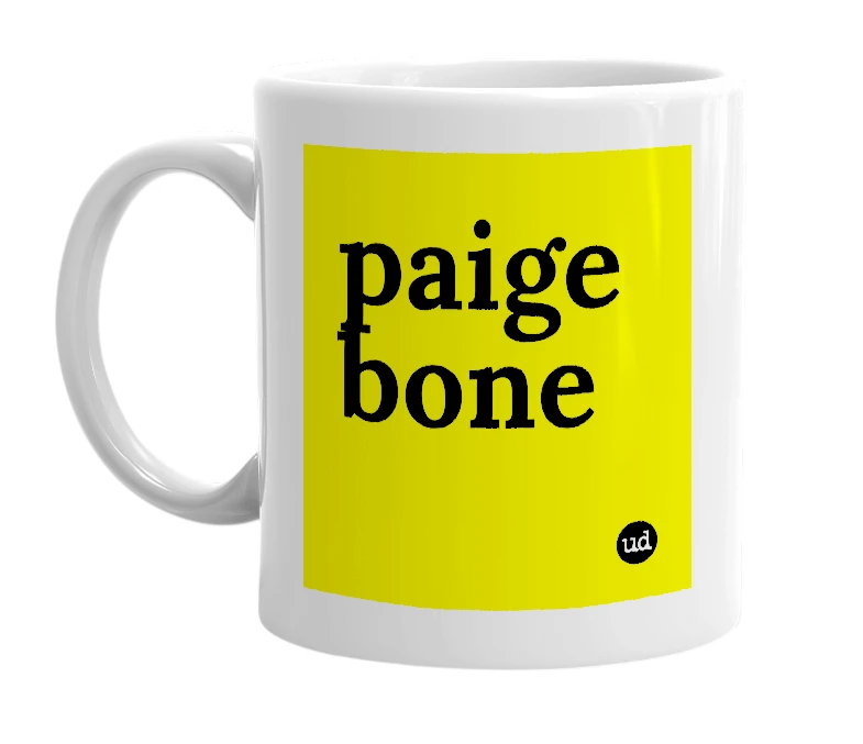 White mug with 'paige bone' in bold black letters