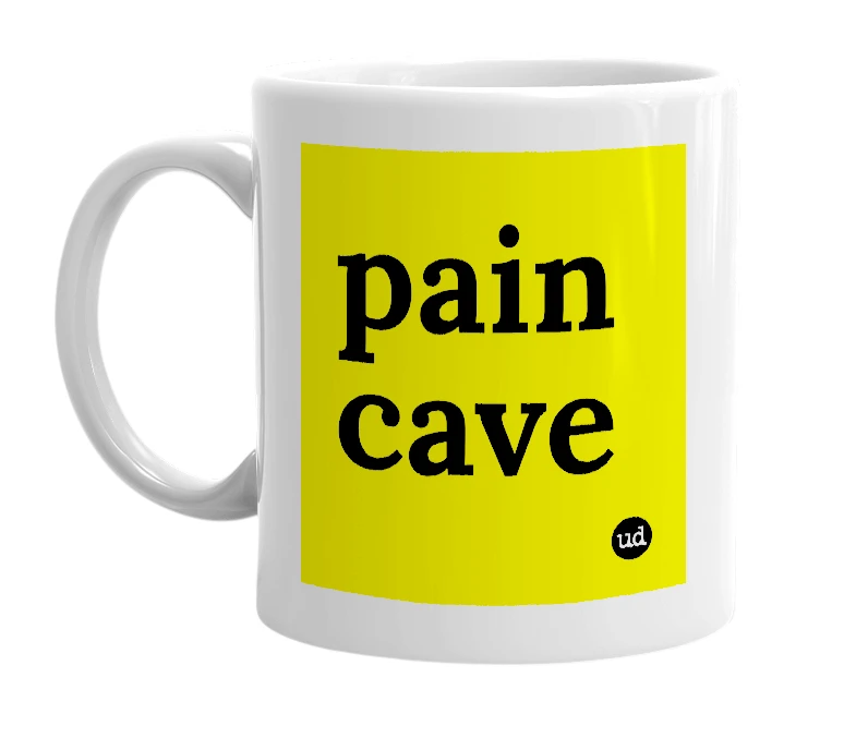 White mug with 'pain cave' in bold black letters