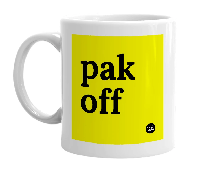 White mug with 'pak off' in bold black letters
