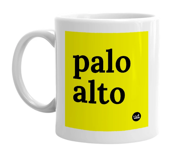 White mug with 'palo alto' in bold black letters