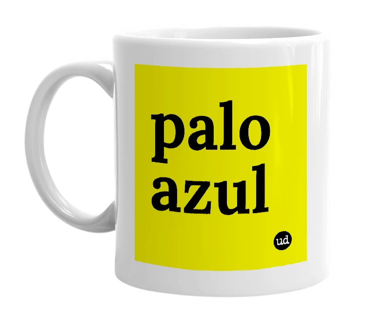 White mug with 'palo azul' in bold black letters