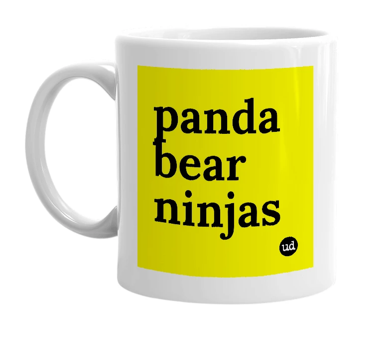 White mug with 'panda bear ninjas' in bold black letters