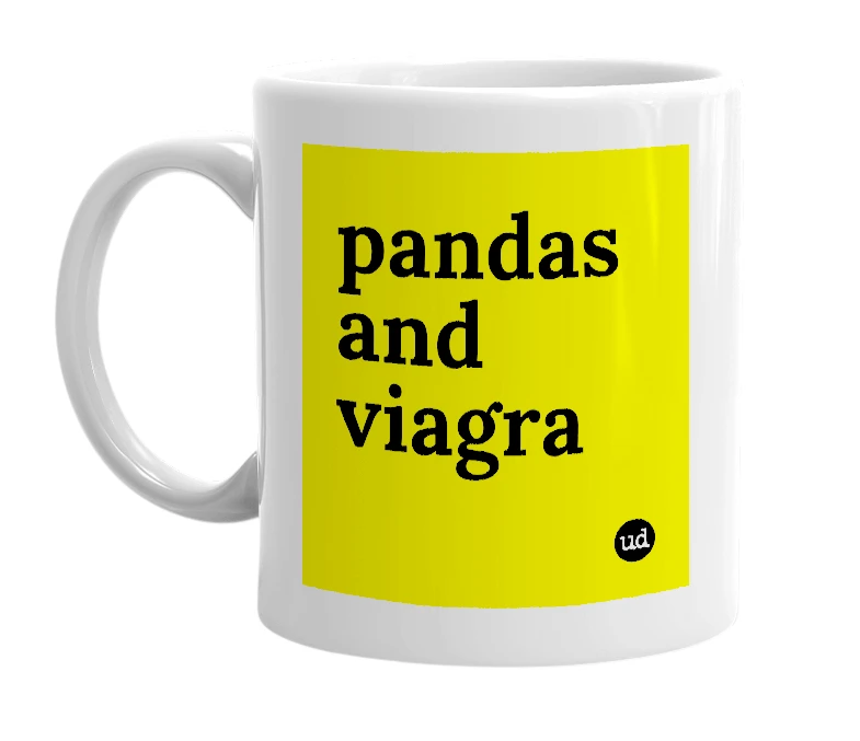 White mug with 'pandas and viagra' in bold black letters