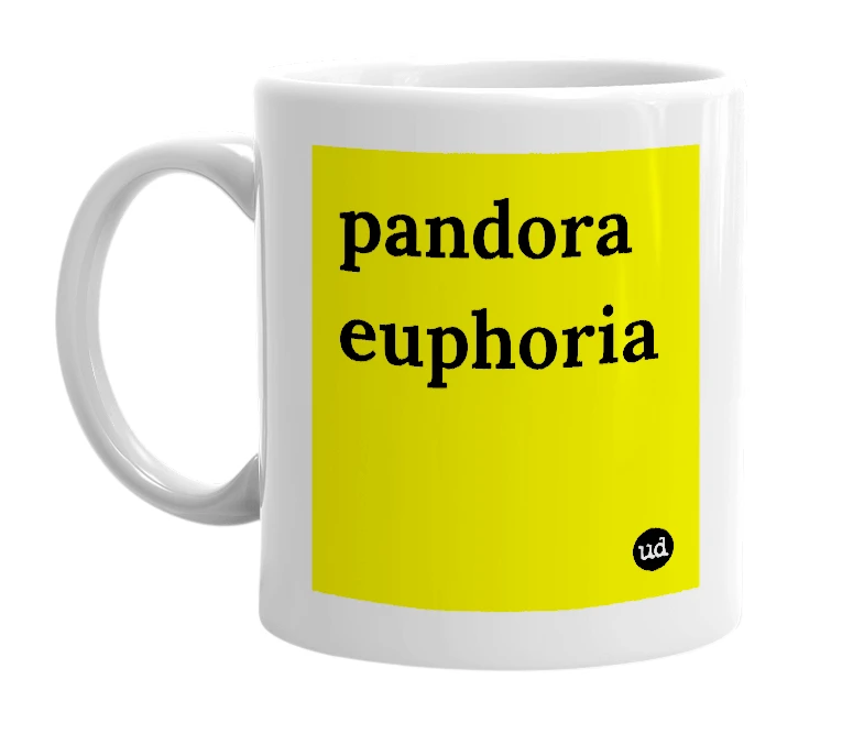 White mug with 'pandora euphoria' in bold black letters