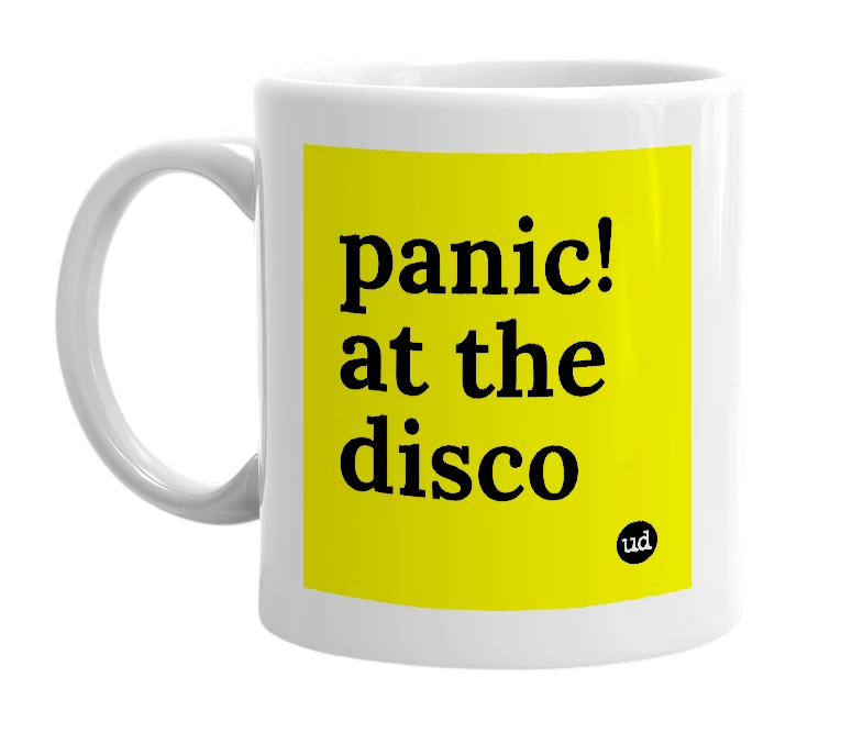 White mug with 'panic! at the disco' in bold black letters