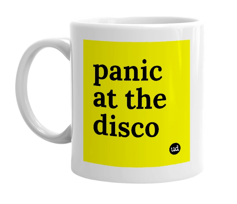 White mug with 'panic at the disco' in bold black letters