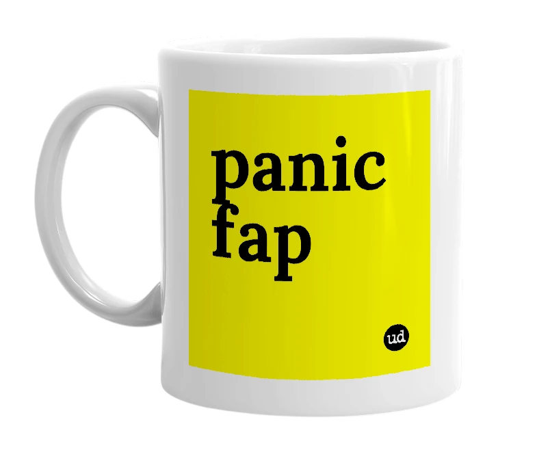 White mug with 'panic fap' in bold black letters