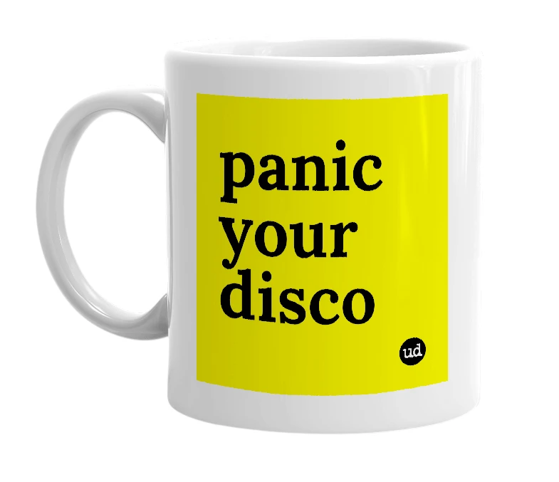 White mug with 'panic your disco' in bold black letters