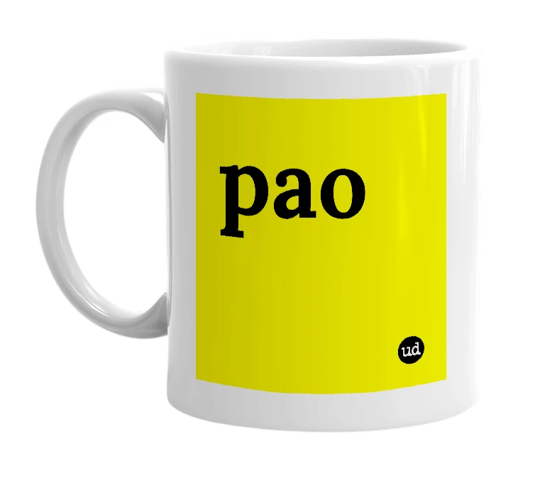 White mug with 'pao' in bold black letters