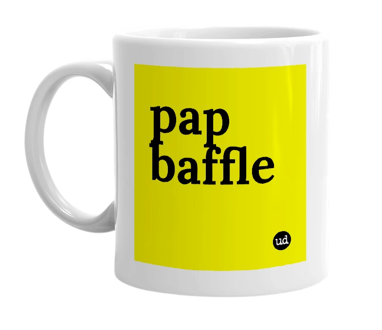 White mug with 'pap baffle' in bold black letters