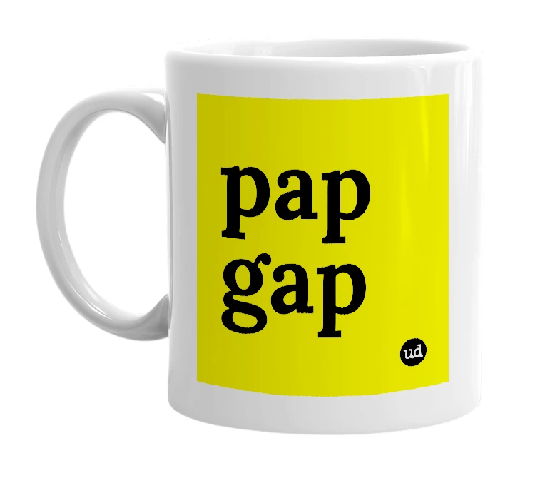 White mug with 'pap gap' in bold black letters