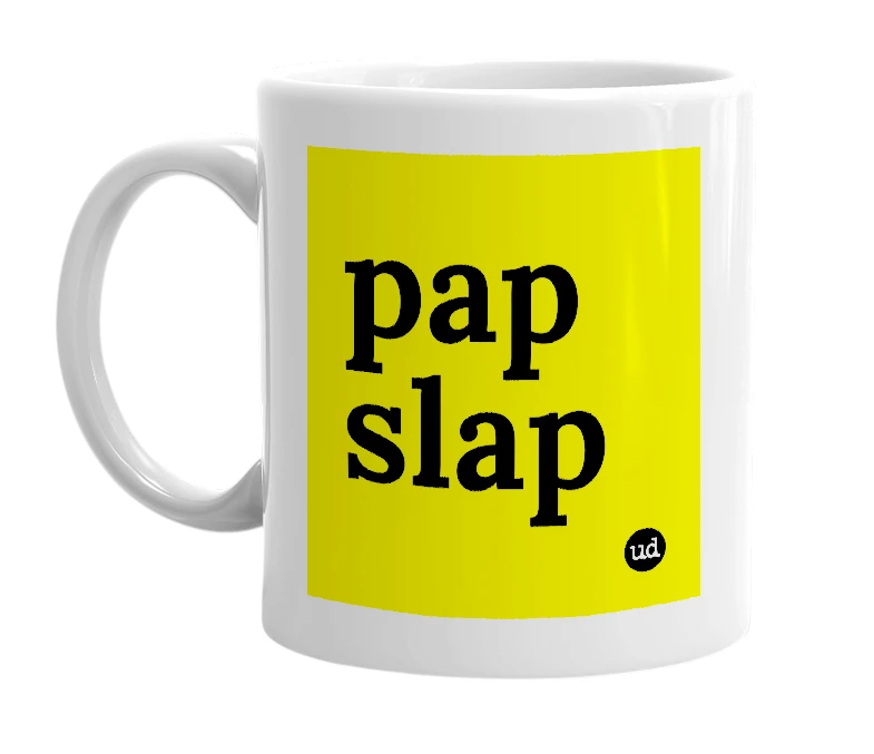 White mug with 'pap slap' in bold black letters