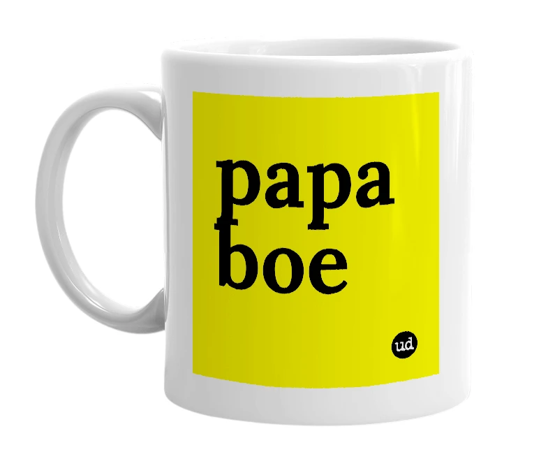 White mug with 'papa boe' in bold black letters