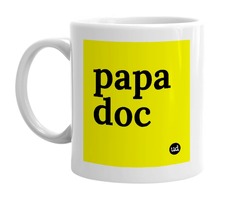 White mug with 'papa doc' in bold black letters