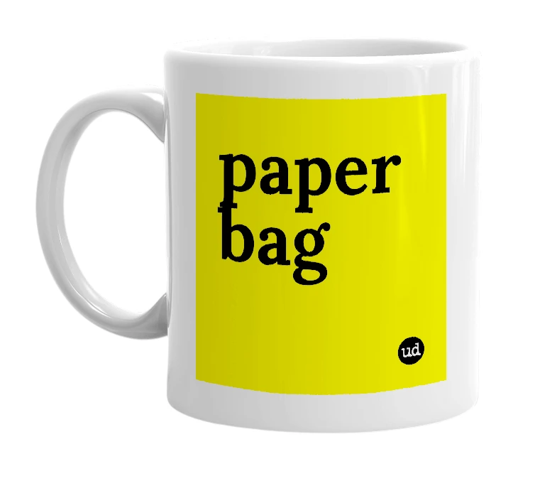 White mug with 'paper bag' in bold black letters