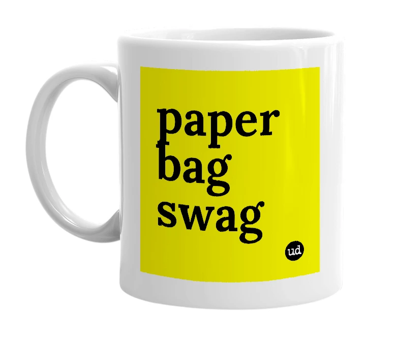 White mug with 'paper bag swag' in bold black letters