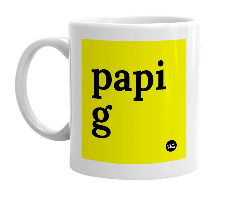 White mug with 'papi g' in bold black letters