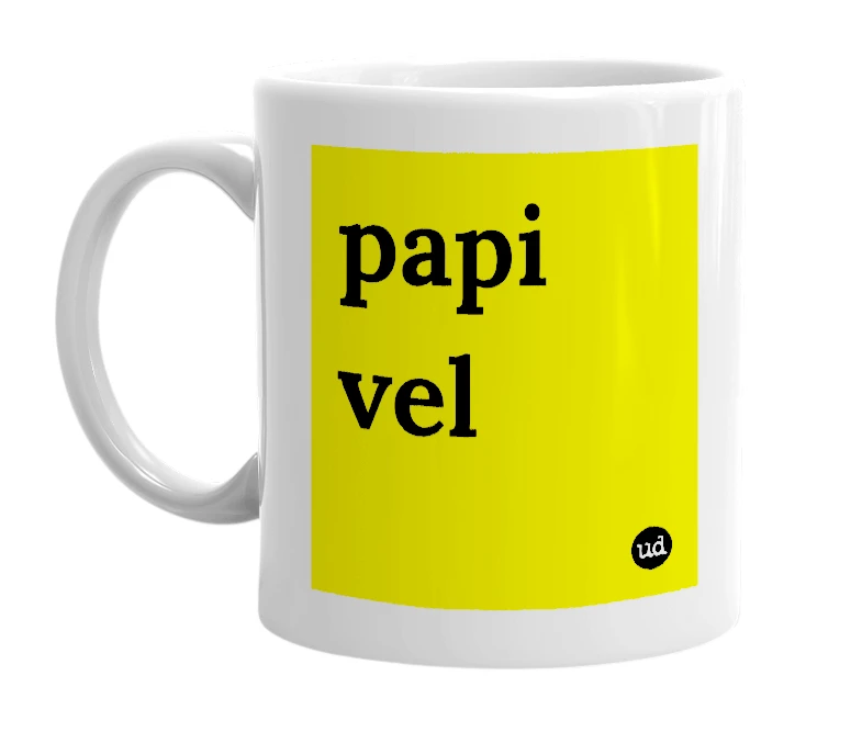 White mug with 'papi vel' in bold black letters