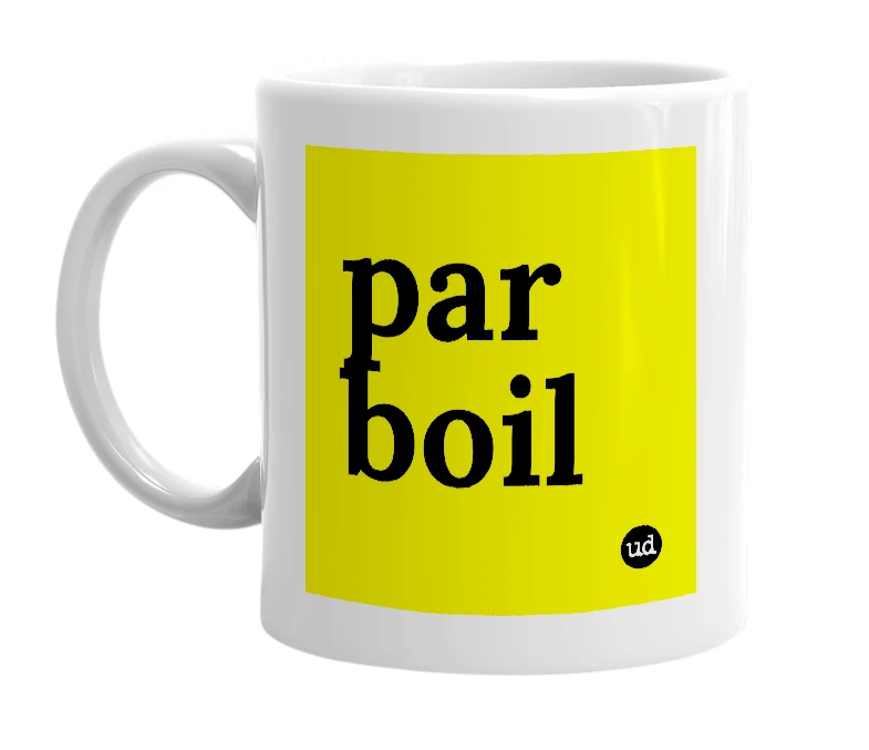 White mug with 'par boil' in bold black letters