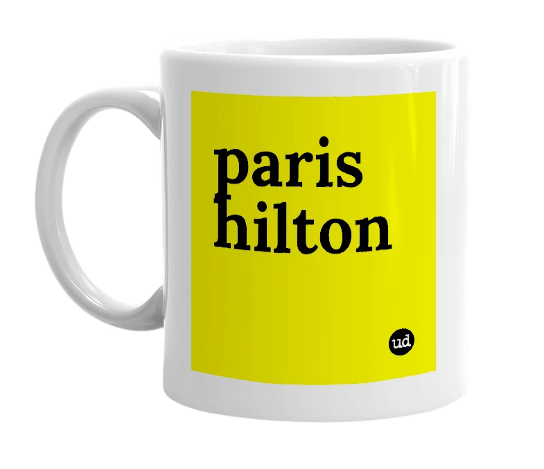 White mug with 'paris hilton' in bold black letters