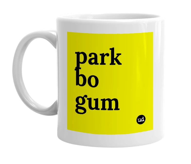 White mug with 'park bo gum' in bold black letters