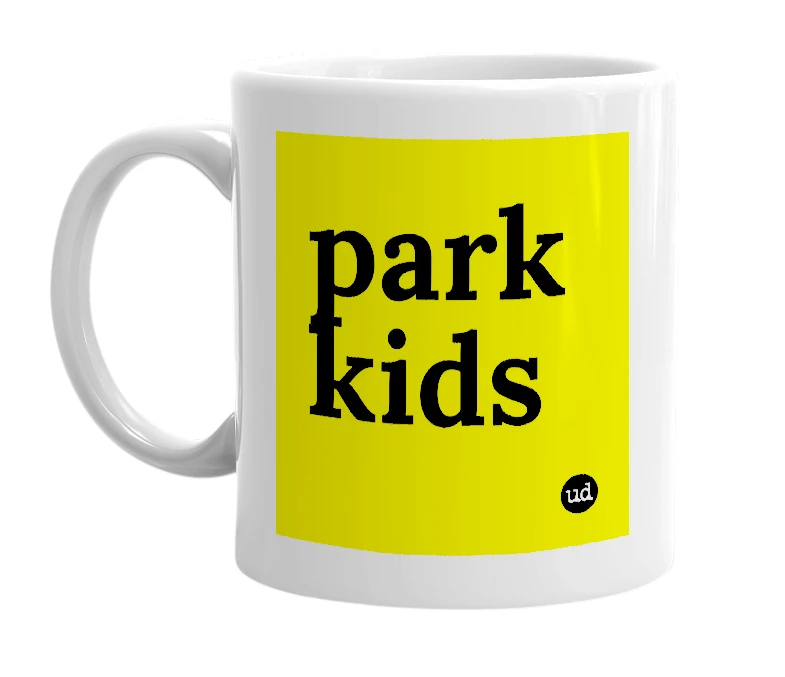 White mug with 'park kids' in bold black letters