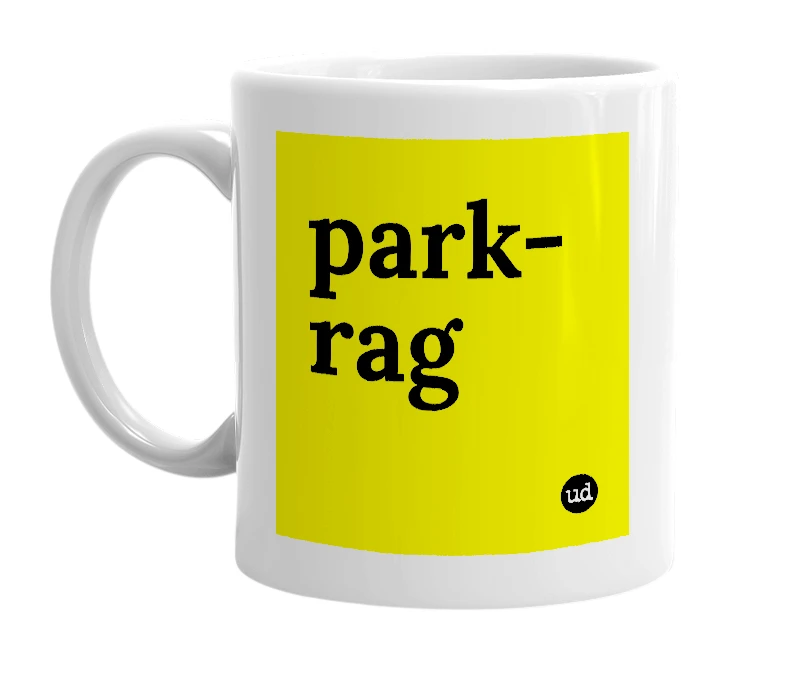 White mug with 'park-rag' in bold black letters