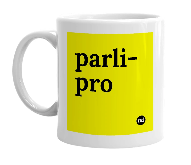 White mug with 'parli-pro' in bold black letters