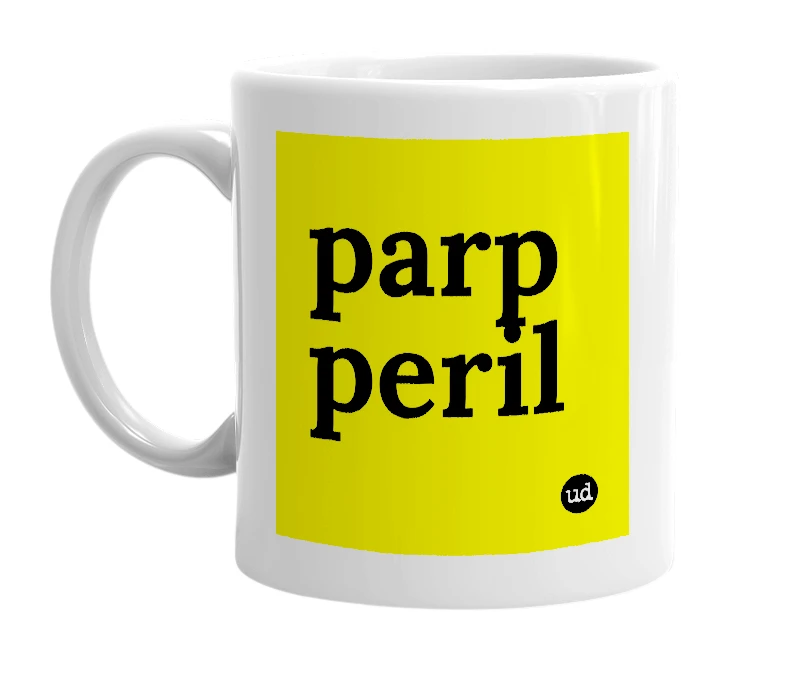 White mug with 'parp peril' in bold black letters