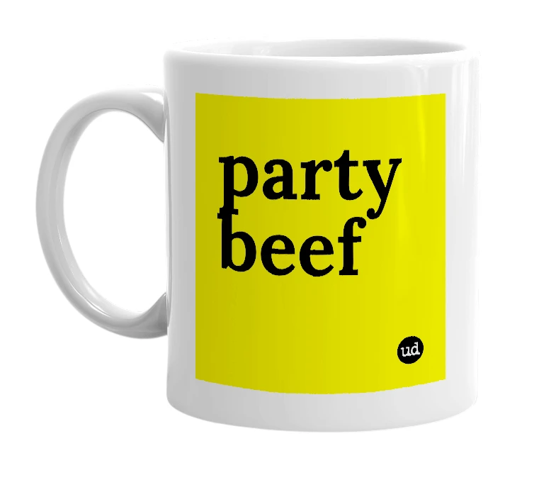 White mug with 'party beef' in bold black letters