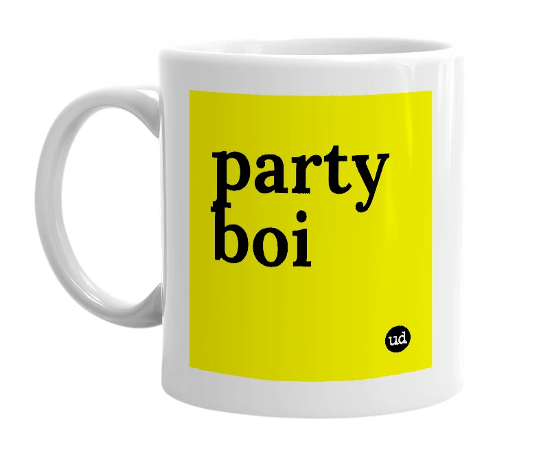 White mug with 'party boi' in bold black letters
