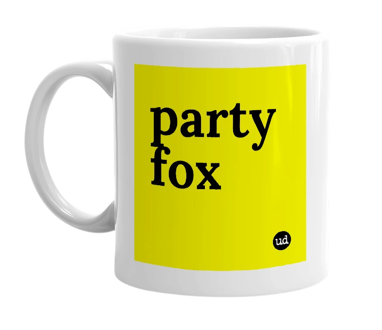 White mug with 'party fox' in bold black letters