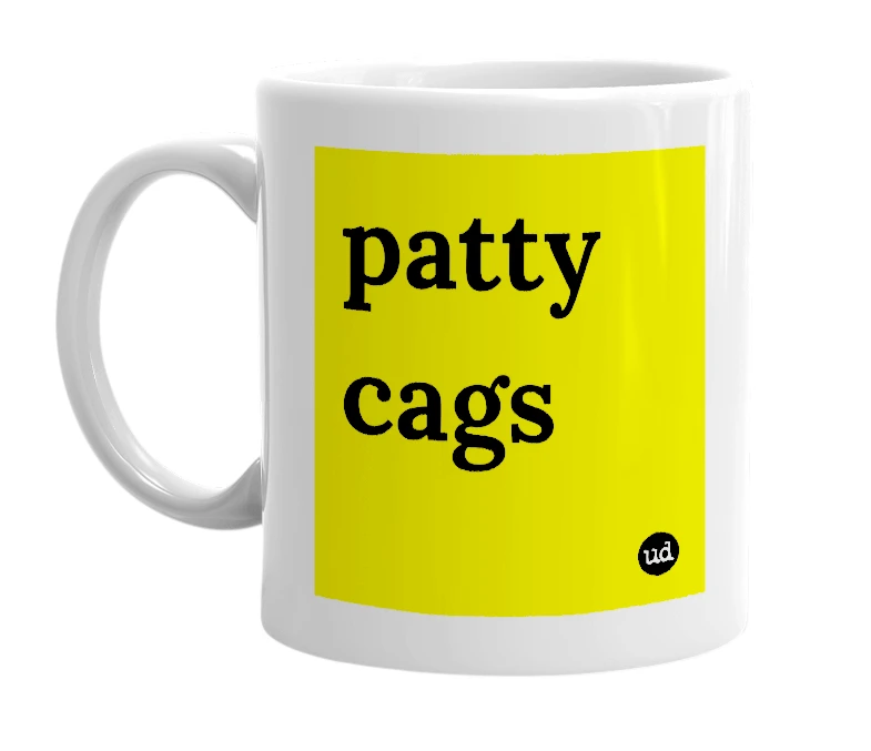 White mug with 'patty cags' in bold black letters