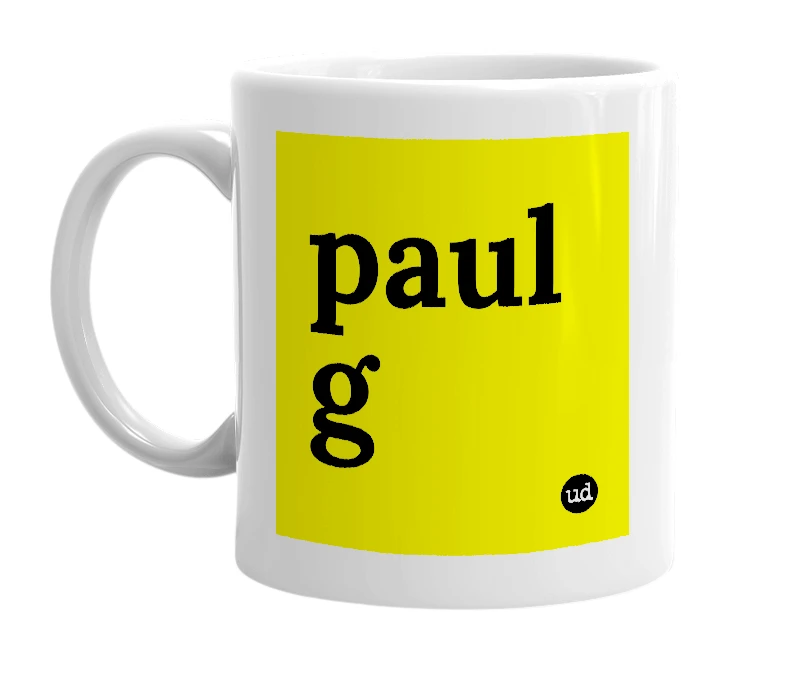 White mug with 'paul g' in bold black letters