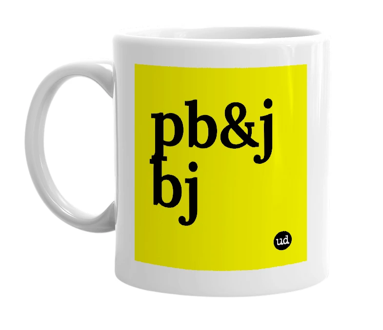 White mug with 'pb&j bj' in bold black letters