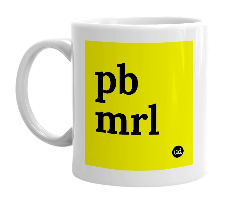 White mug with 'pb mrl' in bold black letters
