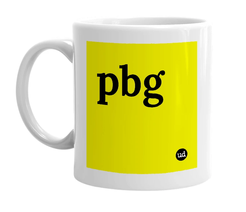 White mug with 'pbg' in bold black letters
