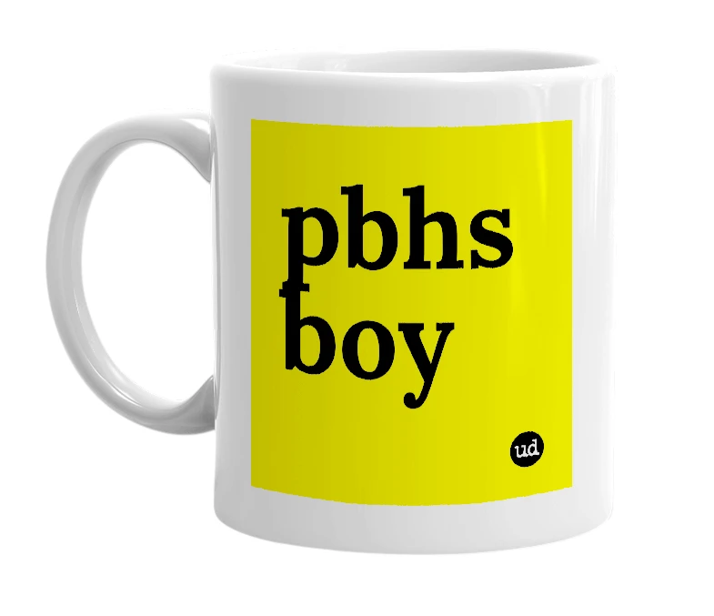 White mug with 'pbhs boy' in bold black letters