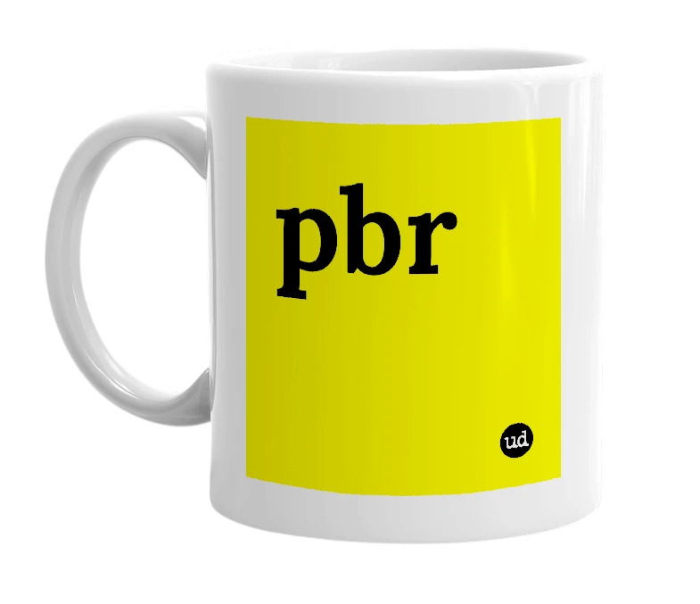 White mug with 'pbr' in bold black letters